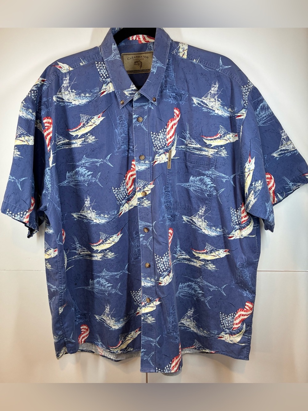 Clearwater Outfitters XL Fishing Shirt Blue Marlin Sailfish Button Front